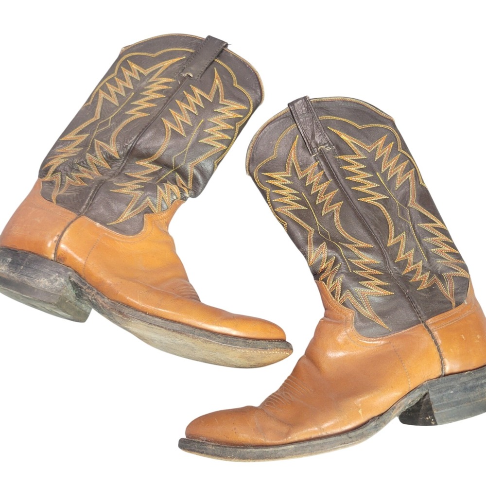 Cowtown Mens Brown Tan Leather Western Cowboy Boots Biltrite Heel Size 9.5-10